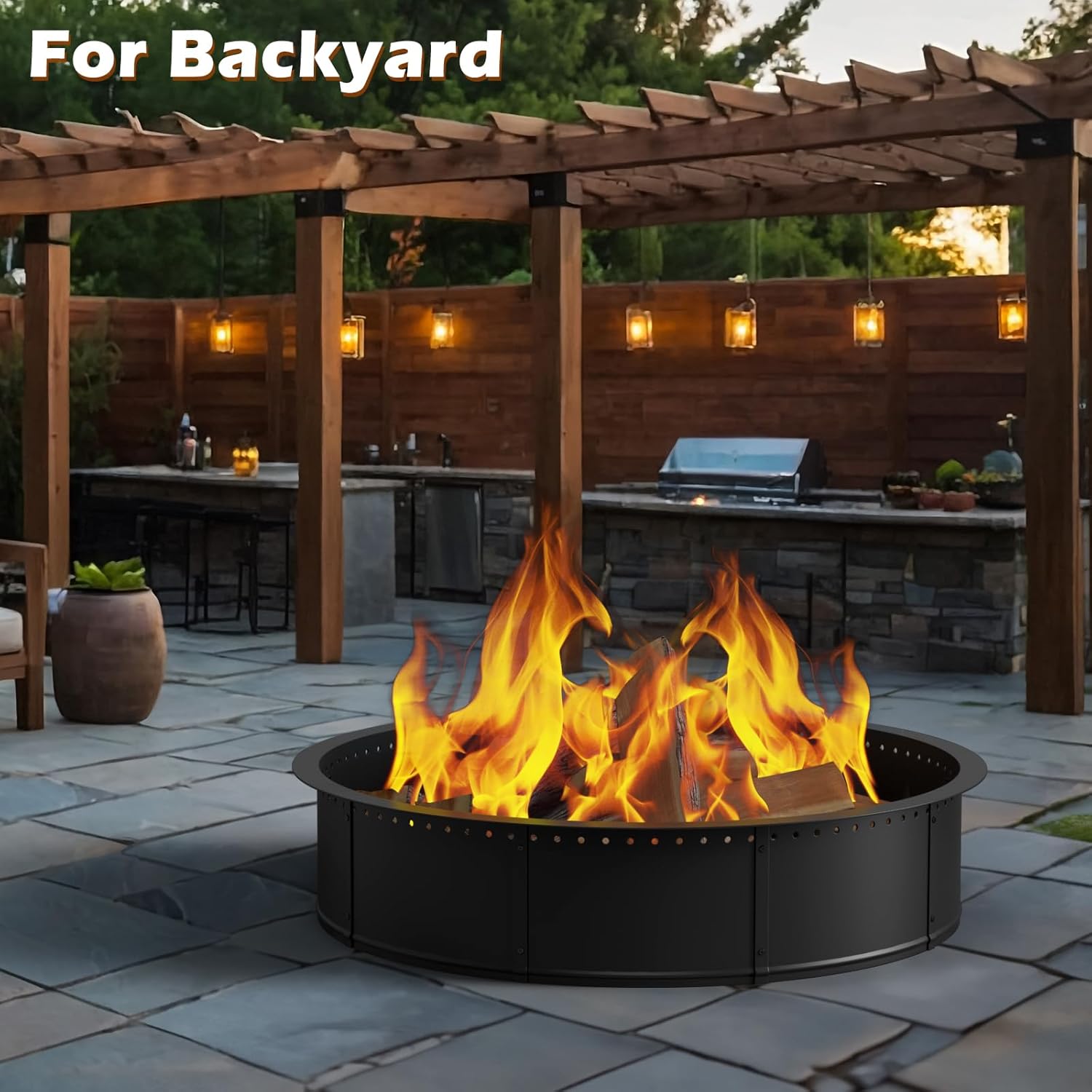 mapleway Smokeless Fire Pit Ring, 42inch Large Round Portable Metal Firepit Accessories for Outside Wood Burning Patio Camping Bonfire Campfire