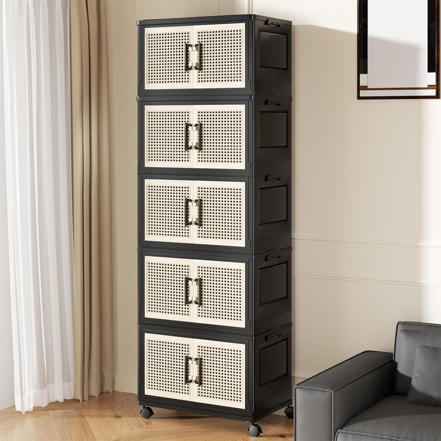 Storage Bins with Lids, Stackable Storage Containers with Lids, Collapsible Plastic Bins, Closet Organizers and Storage with Wheels and Magnetic Door for Home Office Dorm (4 Pack)