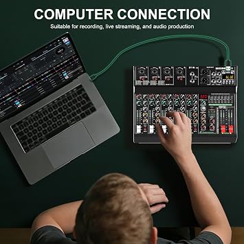 6 Channel Professional Portable Audio Mixer,320 DSP Effects+7-Band Equalizer,Bluetooth Sound Card+48V Phantom Power,USB Interface,for PC Recording,Karaoke Studio Effects,and Streaming Playback