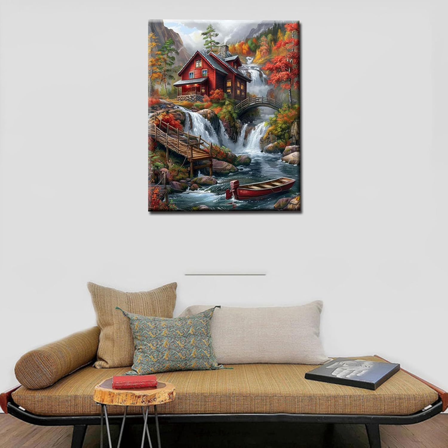 Rainforest Waterfall Paint by Numbers Kits with Brushes and Acrylic Pigment on Canvas Painting for Adults Beginner Red Wooden House,Boat,Bridge Pictures Arts Craft Home Decor 16''x20''(DIY Framed)