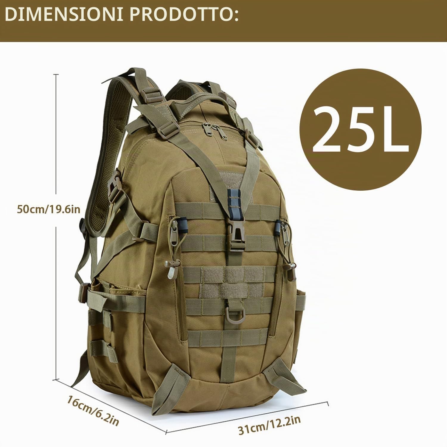 aiGear 25L Zaino Tattico Militare Grande Capacità Impermeabile Kaki | Militare Zaino, Borsone da Viaggio per Uomo/Donna, per Sport all'aperto Trekking Escursioni Pesca Palestra Camping