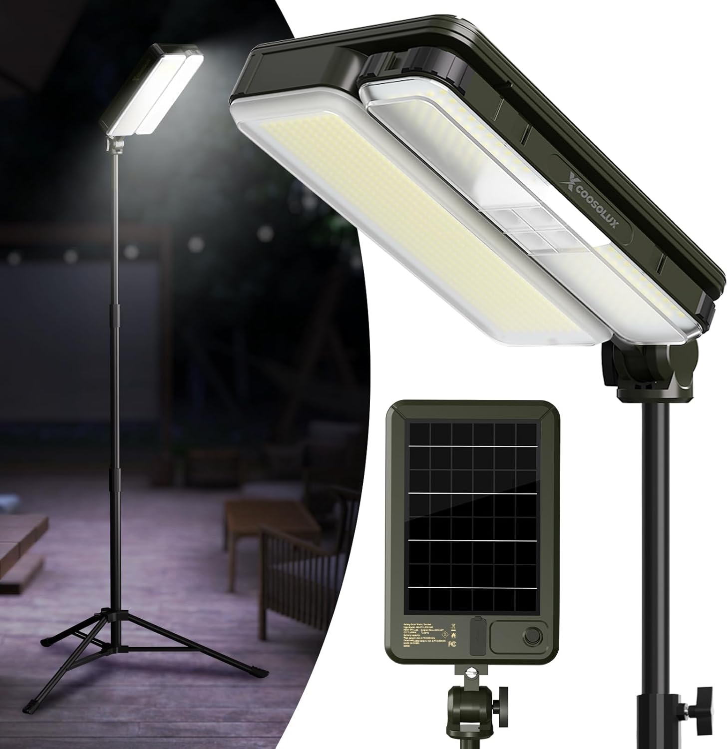 Outdoor Solar Camping Lights with 2 Lighting Heads, IP65 Waterproof LED Work Light, Cordless Solar Powered & USB-C Stand Floor Light with Iron Telescoping Tripod for Fishing Garden 1 Pack