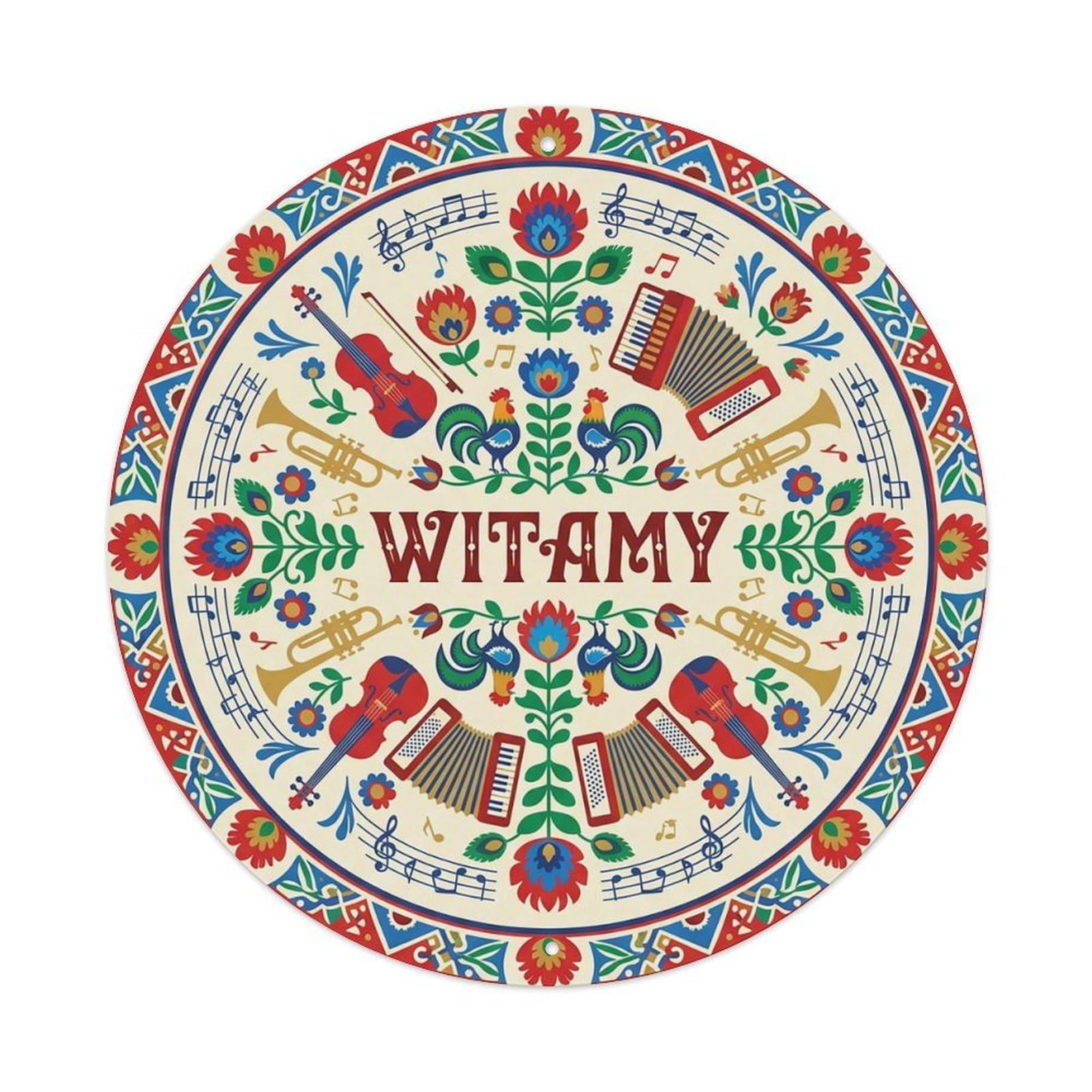 Vintage Polish Folk Art Witamy Welcome Music Notes Metal Tin Sign