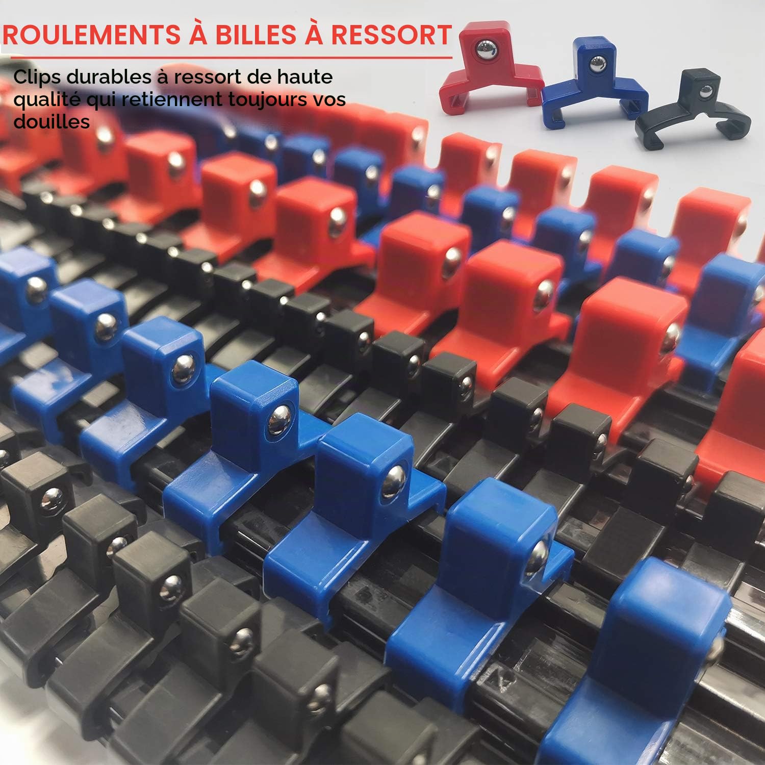 ACEBON Lot de 6 Porte-Douilles 1/2" (12,7 mm), 3/8" (10 mm), 1/4" (6,3 mm), Rail de Rangement avec 86 Clips, Support pour Douilles Métriques et SAE, Organisateur pour Boîte à Outils, Garage et Atelier