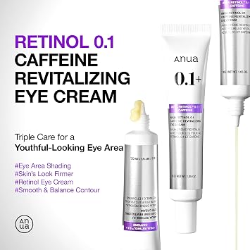 Anua Retinol 0.1 Caffeine Revitalizing Eye Cream, Lightweight Formula for Dark Circles & Puffiness, Hydrating for Sensitive Skin, Korean Skincare,1.05 fl oz