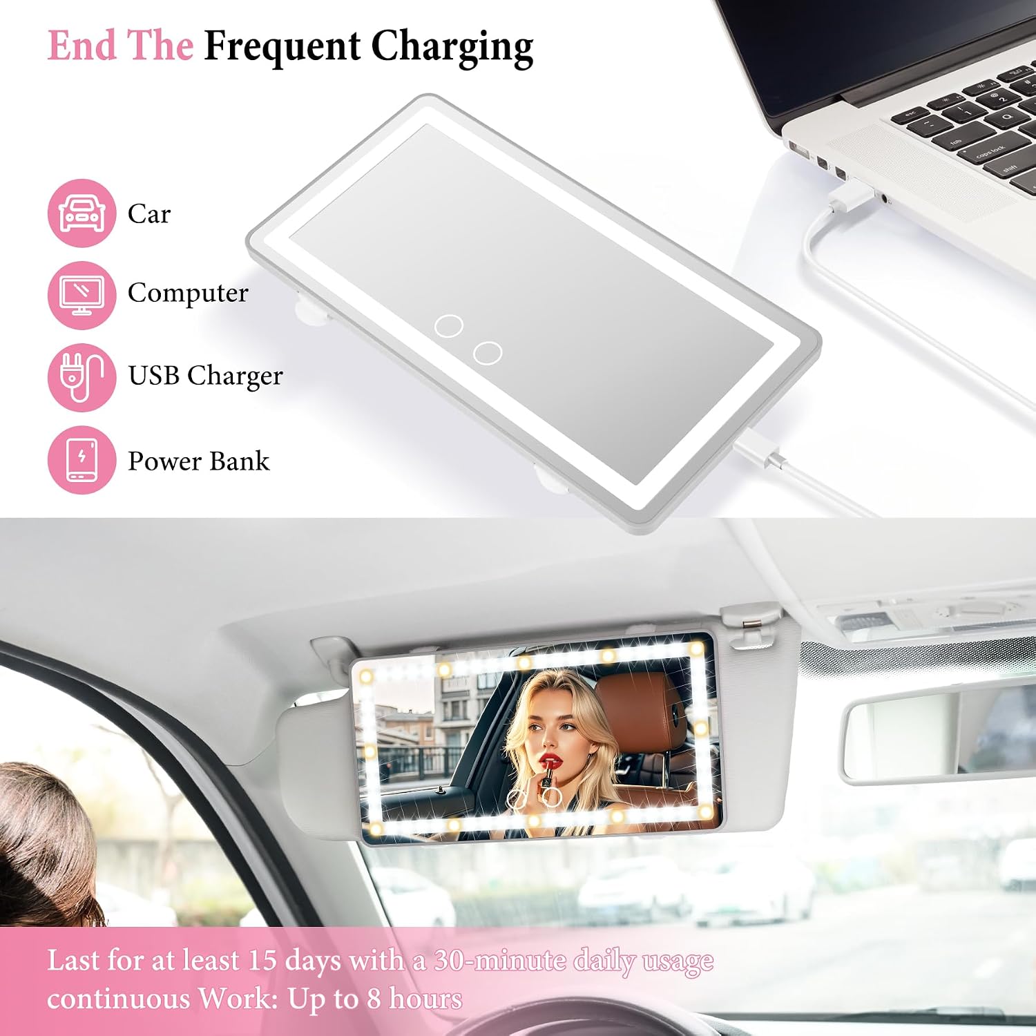 SINGARO 2PCS Car Sun Visor Vanity Mirror - Rechargeable Makeup Mirror with 60 LEDs, 3 Light Modes & Dimmable Touch Control for Cars, Trucks, SUVs, Car Interior Accessories for Women (Grey)