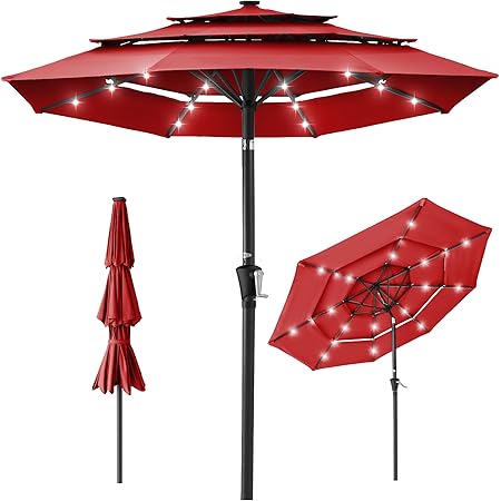 Best Choice Products 10ft 3-Tier Solar Patio Umbrella, Outdoor Market Sun Shade for Backyard, Deck, Poolside w/ 24 LED Lights, Tilt Adjustment, Easy Crank, 8 Ribs - Red