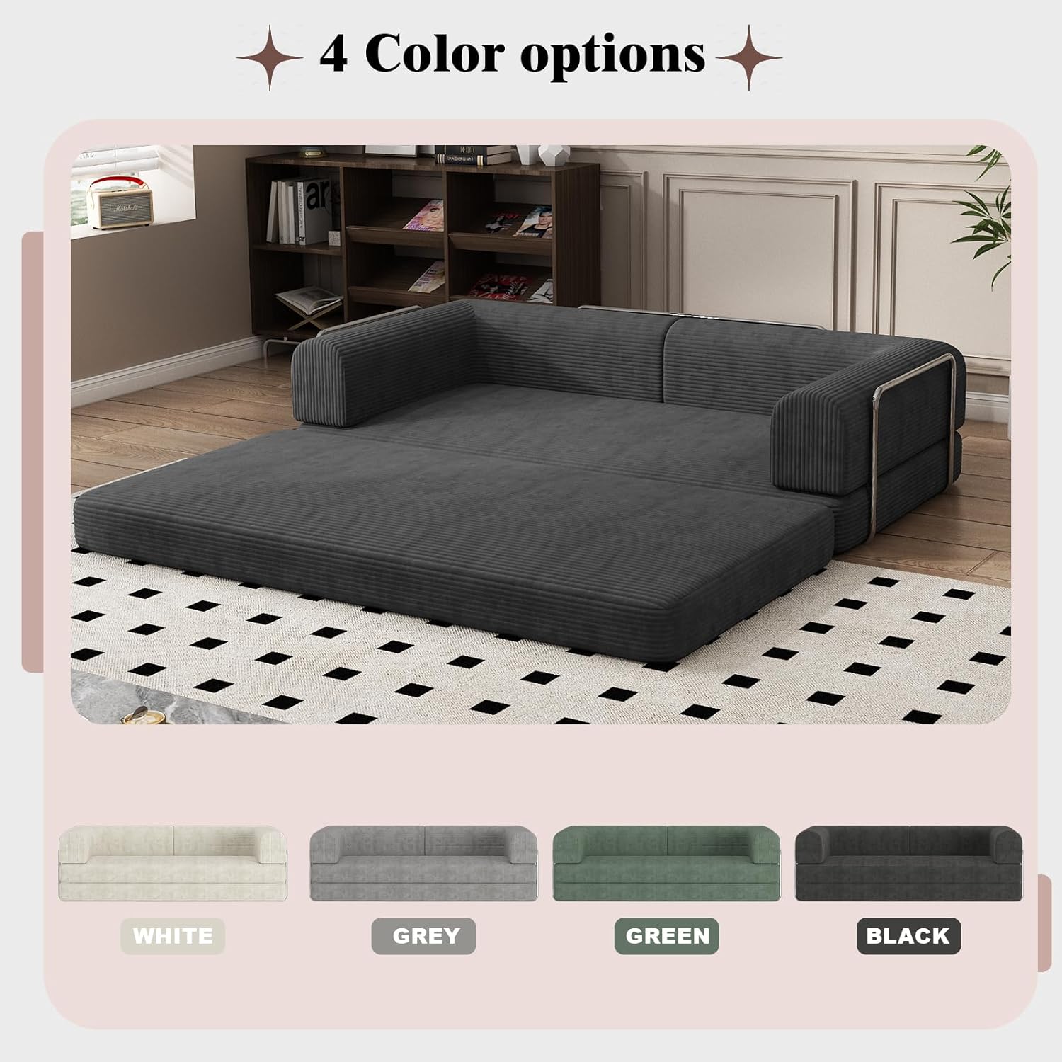 Convertible Corduroy Sleeper Sofa Bed,Folding Mattress Couch with Fixed-Shape Frame, 3 Seater Fold Out King Size Futon,No Assembly Floor Couch for Living Room Dorm Studio 78.7*39.4*29.6 in Black