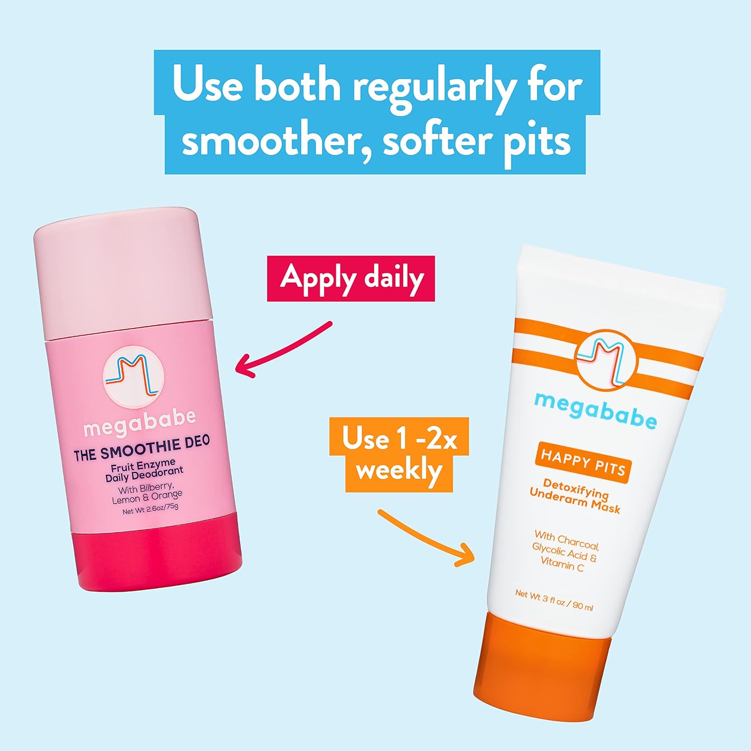 Megababe Underarm 2-Piece Bundle - Smoothie Deo Daily Deodorant 2.6 oz & Happy Pits Underarm Mask 3 fl oz | Odor Protection, Aluminum Free