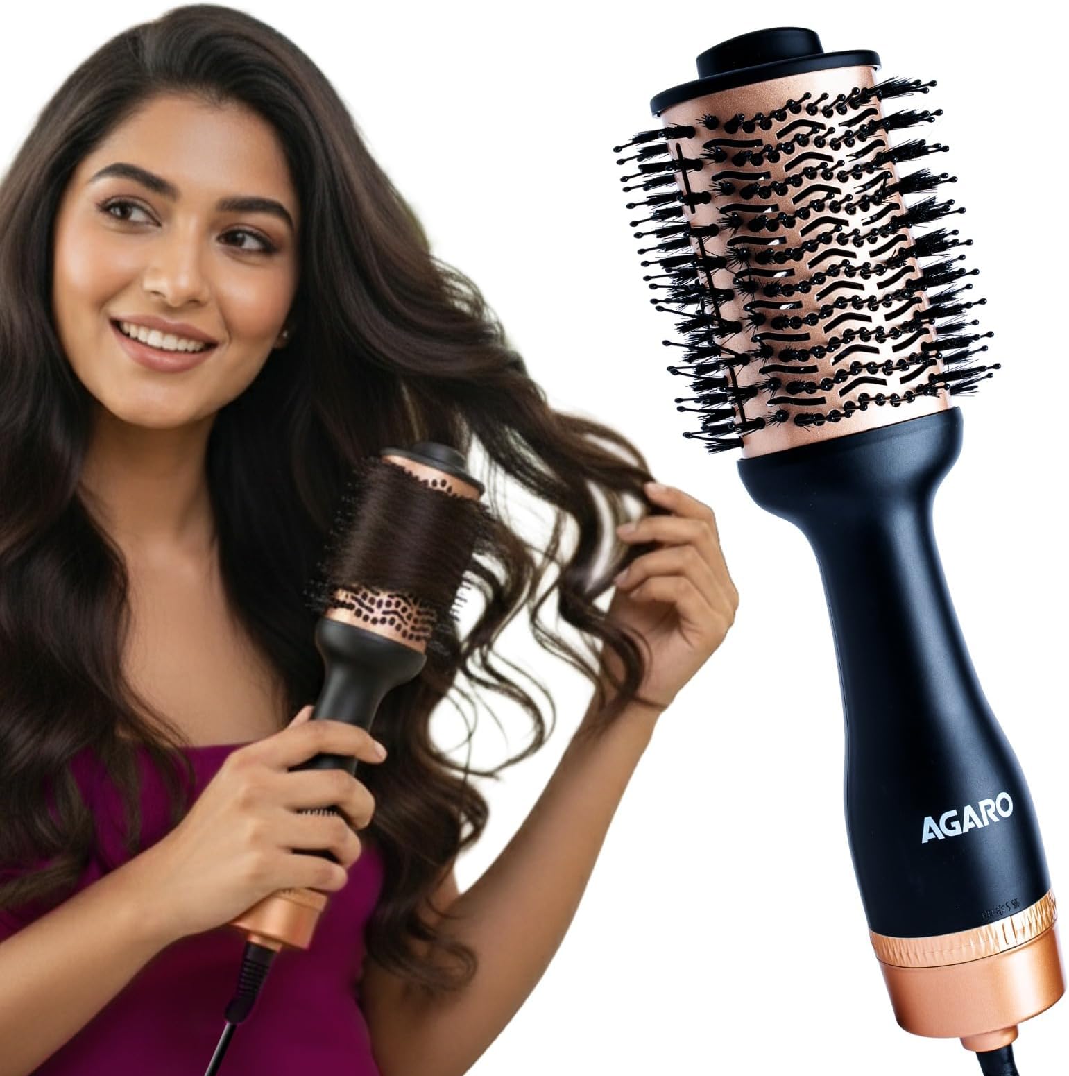 AGARO HV2179 1200 Watts Professional Volumizer Hair Dryer, 24K Gold Styling Surface, Activated Charcoal Bristles, Ceramic Tourmaline Coating Brush Head, One Step Styler, Hot Air Blow Brush for Women