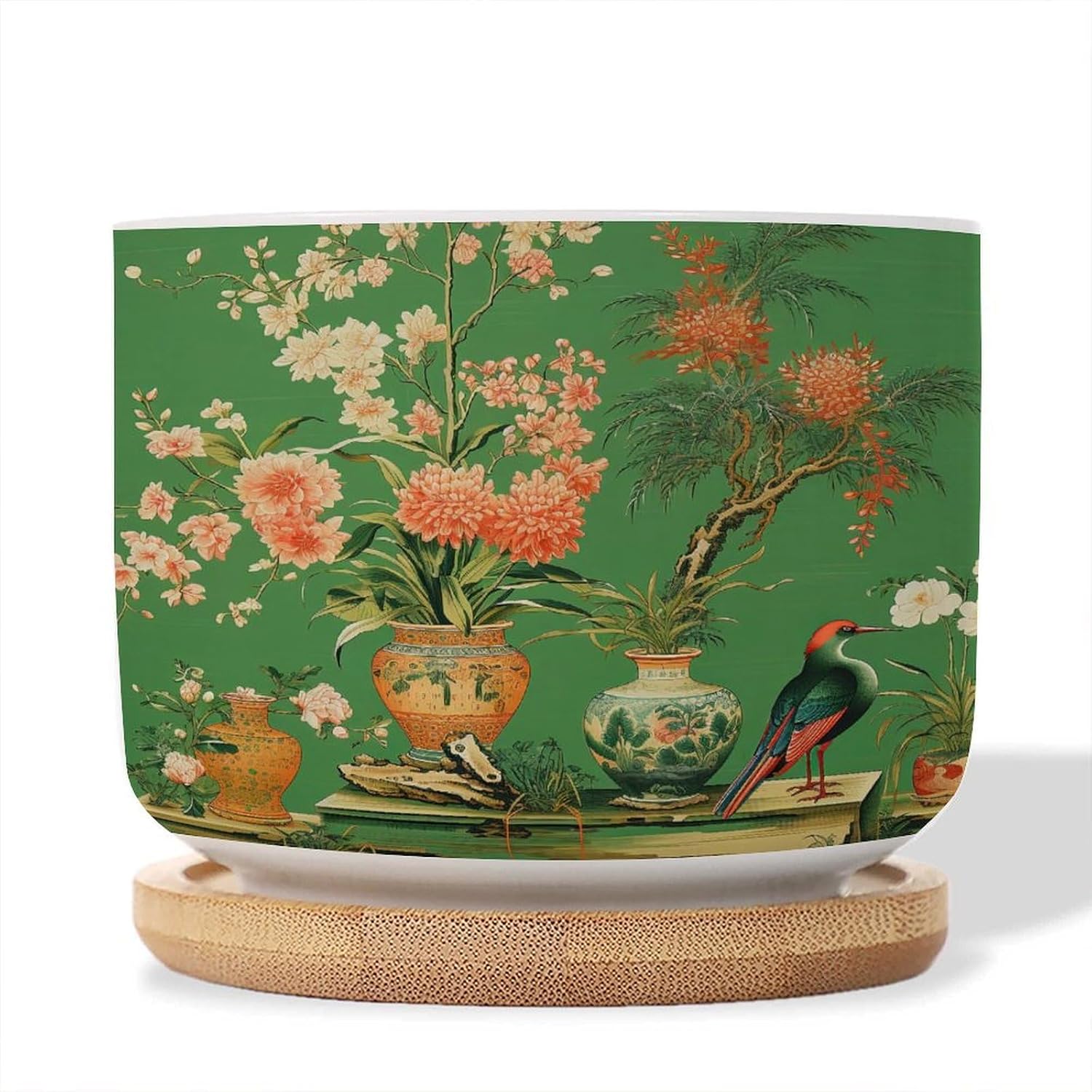 Asian Vase with Flower Planters Ceramics Set of 3 Vase Green Chinoiserie Cactus Pot for Indoor with Drainage and Bamboo Tray Chinoiserie Small Ceramics Pots for Plants