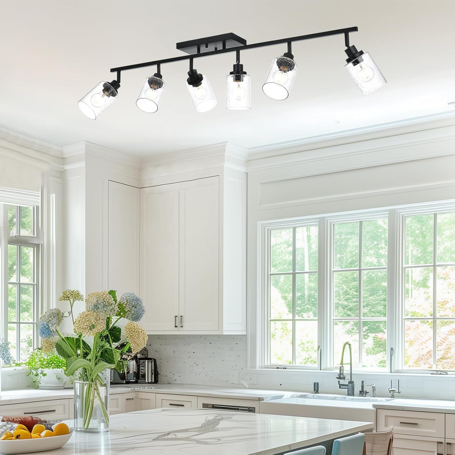 6-Light Black Track Lighting Kit Ceiling Mount Kitchen Track Lighting Fixtures, Bathroom Ceiling Tracking Vanity Light with Bubble Seeded Glass Shade & Rotatable Tracking Heads for Accent Shop