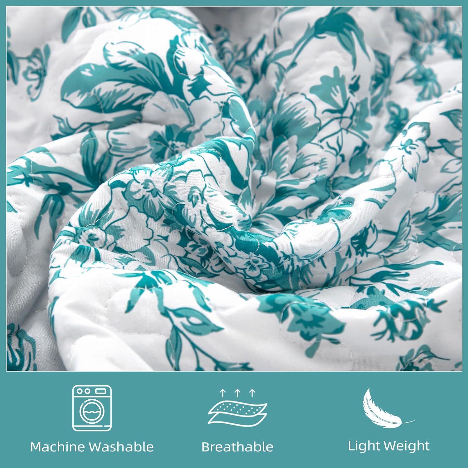WONGS BEDDING Quilt Queen Size, Teal Quilt Bedding Set with 2 Pillowcases, Botanical Quilt for Queen Bed, Soft Microfiber Lightweight Coverlet Bedspread for All Season (96"×90", 3 Pieces) - Image 6