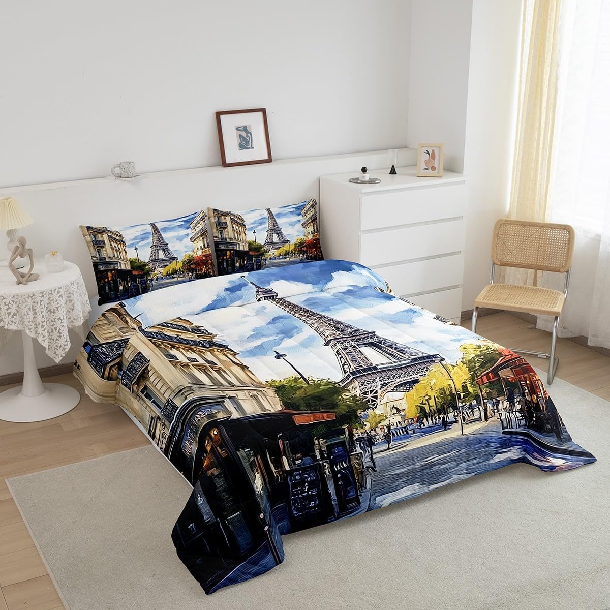 Erosebridal Paris Eiffel Tower Print Bedding Set Travel Theme Comforter Set King City Street Down Comforter for Kids Teens Adults Men,World Famous City Building Landscape Duvet Set