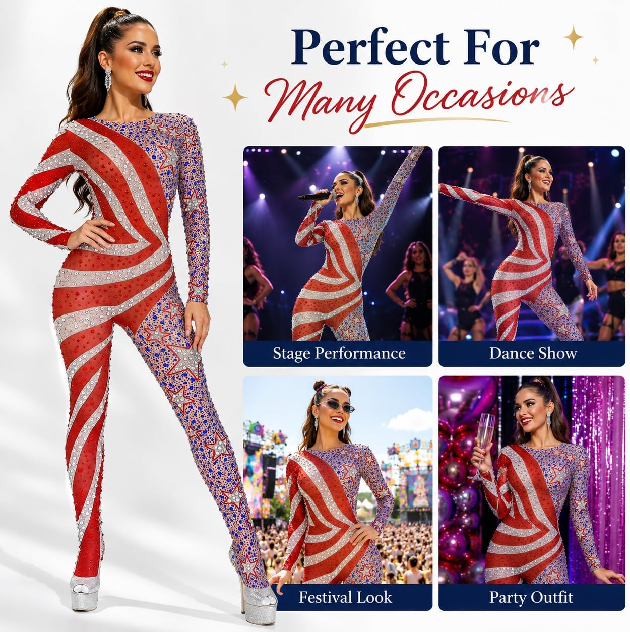 Women Rhinestone Mesh Jumpsuit Long Sleeve Full Length Stage Costume