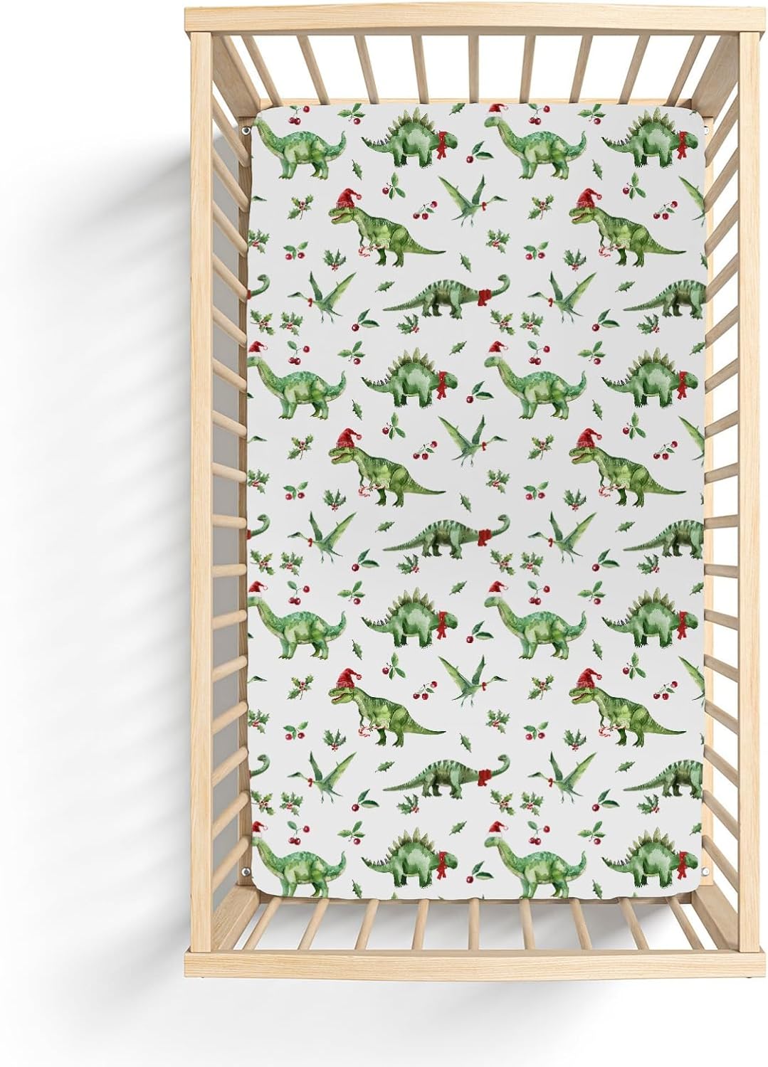 Christmas Dinosaur Santa Hat Baby Crib Sheets for Boy Girl 28"x52" Green Dinosaurs Fir Cherry Leaves Soft Snug Fitted Crib Mattress Cover Winter Holiday Baby Sheet for Standard Crib & Toddler Mattress