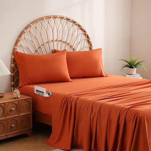 JSD Burnt Orange Full Microfiber Sheet Set Side Pocket, Deep