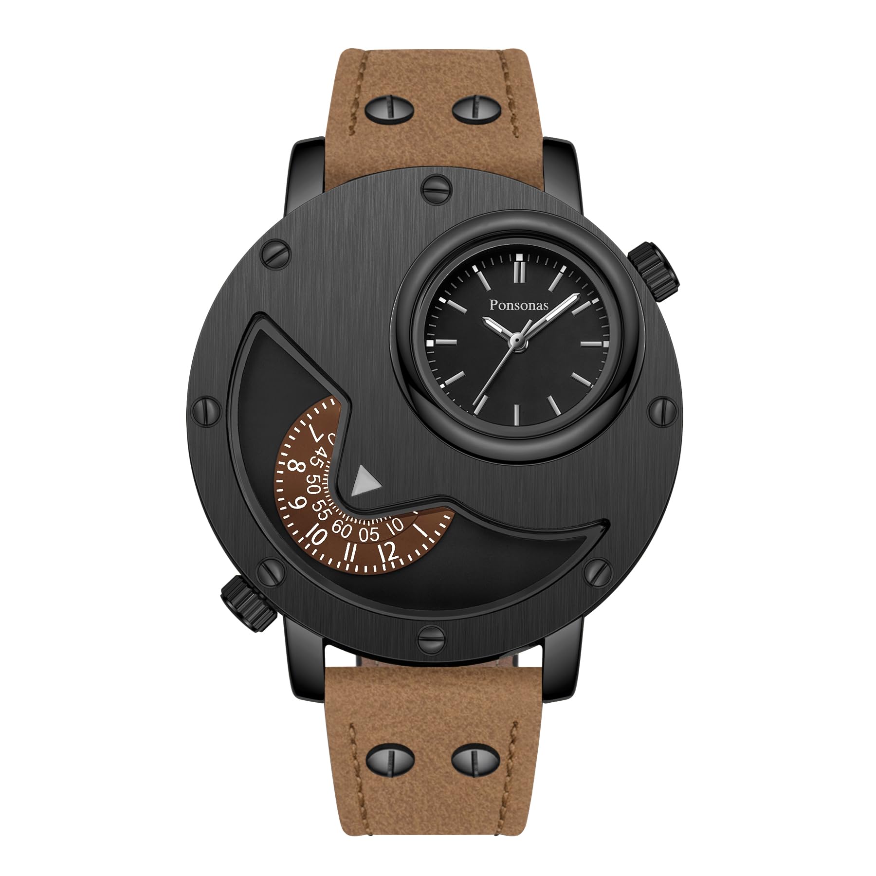 Men's Watch,Dual Time Wrist Watches for Men,Unique Analog Quartz Watch with Leather Strap Cool Design - 1