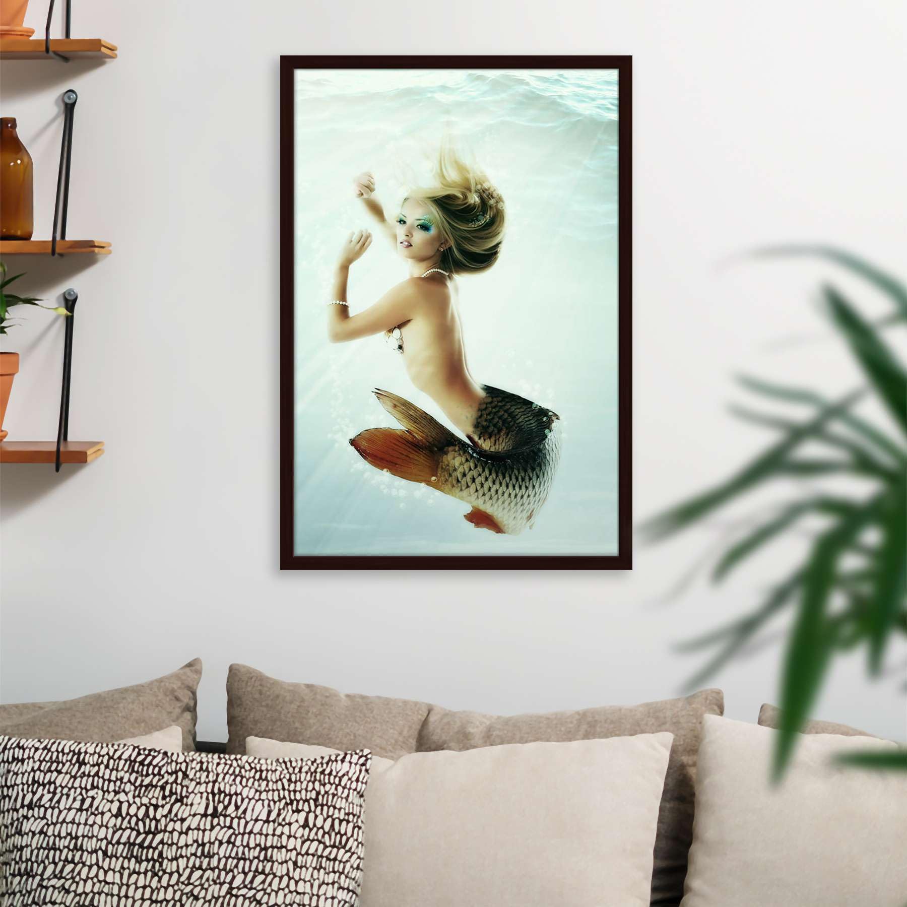 ArtzFolioArtzFolio Mermaid Magic Underwater Mythology | Canvas Painting for Bedroom & Living Room | Dark Brown Frame | 12 x 17.5 inch (30 x 44 cms)