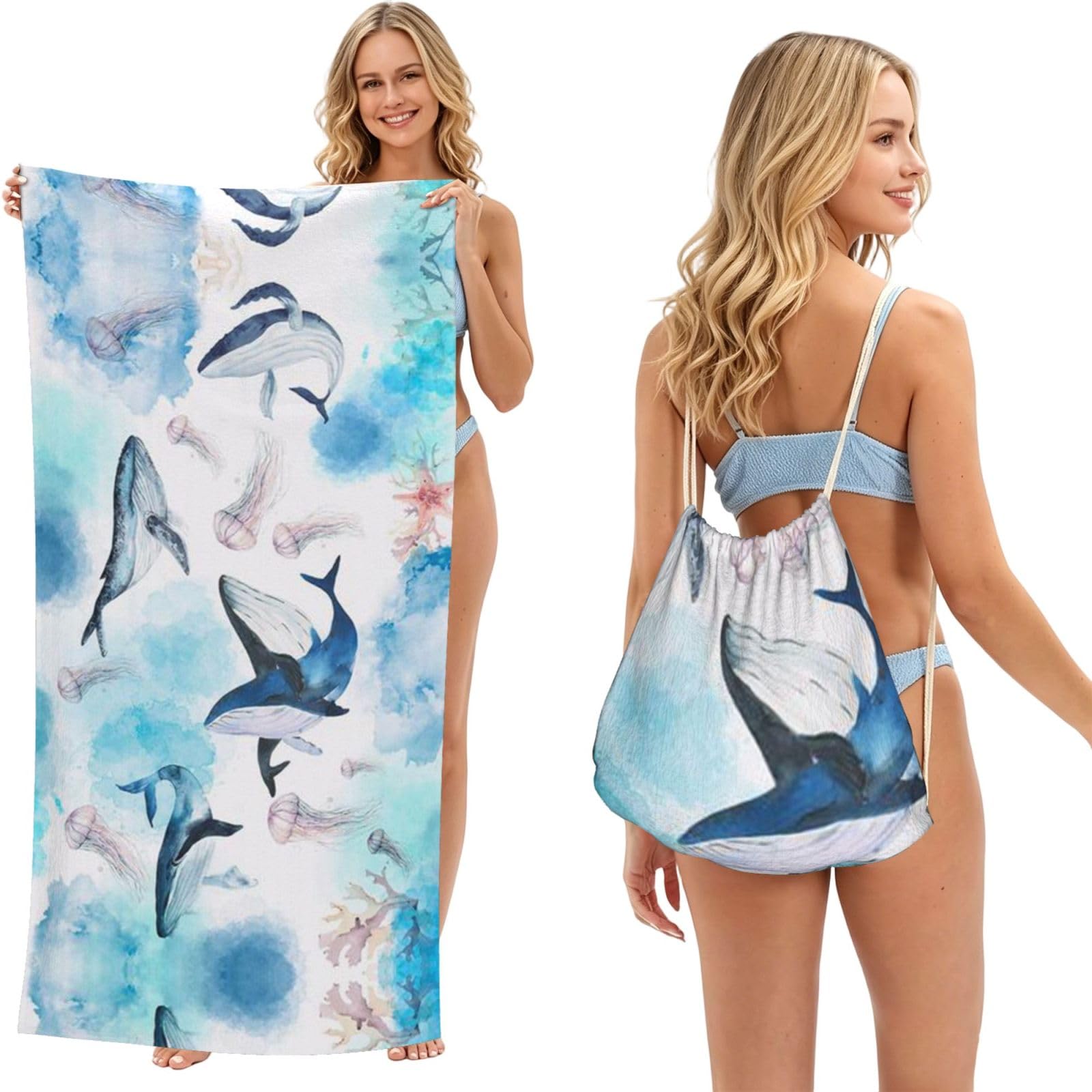 ESNAIUVCD Sea Whale And Jellyfish Print Beach Towel For Adults,Towel With Drawstring Bag, Travel Pool Swimming Sports Shower Sand Free Quick Dry Bath Towel For Pool, Beach, Yoga- 180x60cm