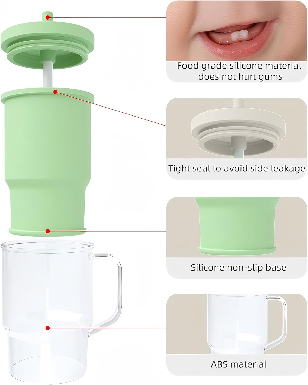 Silicone Sippy Toddlers Cup with Handle & Reusable Silicone Straws for Kids ABS Baby Training Cup with Soft Spout Heat-Resistant, Leak-Proof, Sweat &Spill Proof, No Spill Flip-It 8.8oz (Green) - Image 5