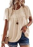 Falechay Femmes Été Hauts Col rond Chemises manches courtes Casual Mousseline Blouses de dentelle fluide Hem Boho Vêtements tendance 2026