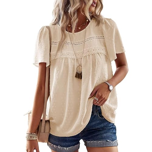 Falechay Womens Summer Tops Crewneck Short Sleeve Shirts Casual Chiffon Blouses Flowy Lace Hem Boho Clothing Trendy 2026