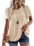 Womens Summer Tops Crewneck Short Sleeve Shirts Casual Chiffon Blouses Flowy Lace Hem Boho Clothing Trendy 2025