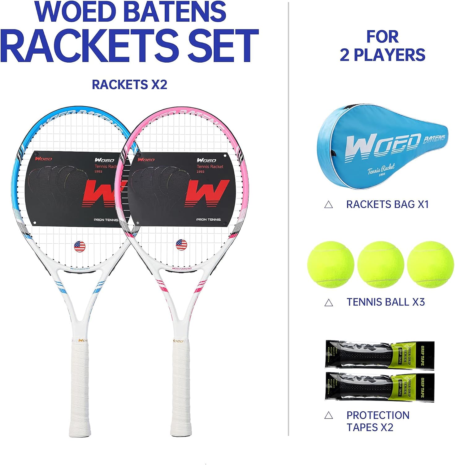 Pro Tennis Racket for Adults, 2 Player 27 inch Speed Tennis Racquet Acceptable for Beginner and Professional with 3 Tennis Balls, 2 Vibration Dampes, 2 Overgrips, Tennis Bag (Pink-Blue)