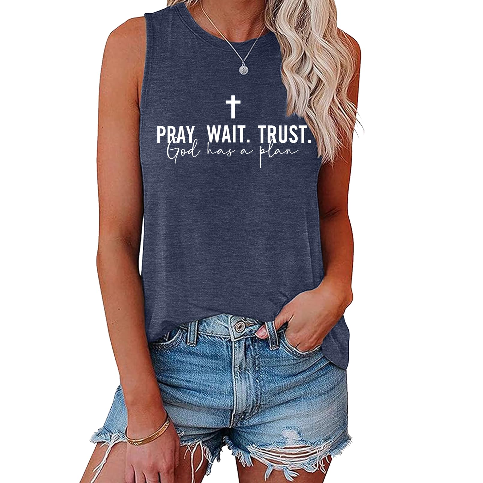 BLACKMYTH Womens Graphic Pray Wait Trust Cross Graphic Tank Tops