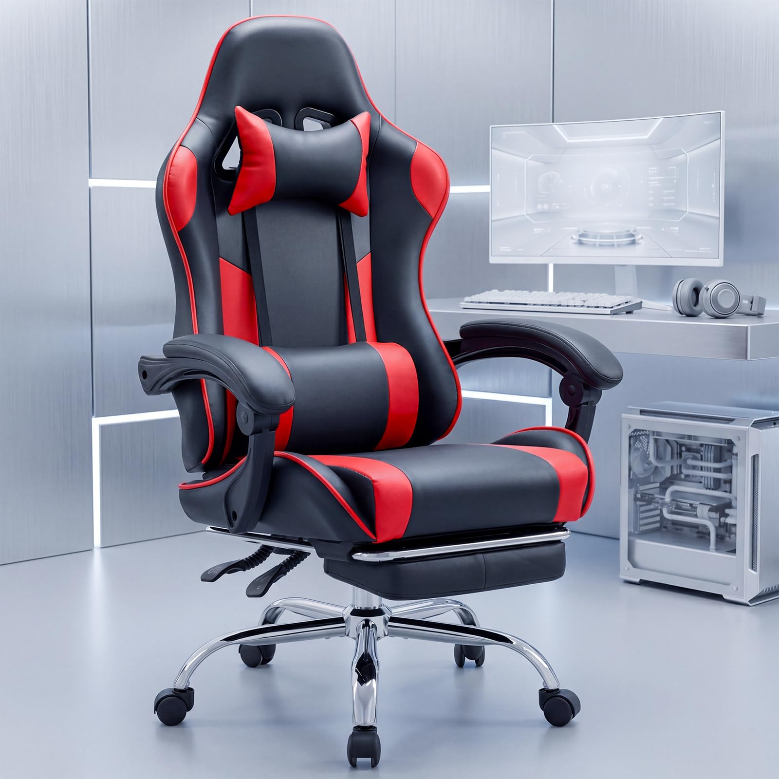 Computer Gaming Chair with Footrest, Ergonomic High Back PU Leather Video Game Chair with Adjustable Headrest &amp; Lumbar Support, Racing for Office and Home, Red
