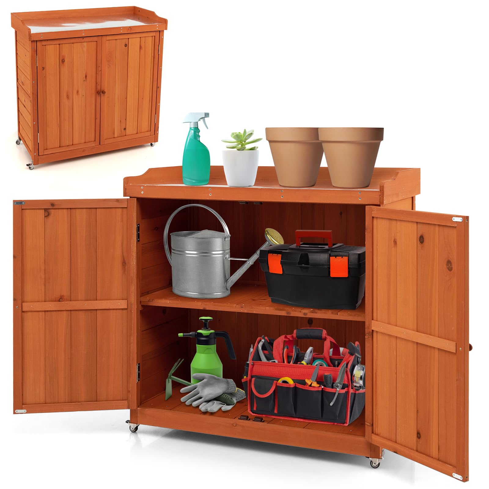 HOMASIS Armoire de jardin d'extérieur en bois résistant aux intempéries avec plan de travail, armoire à outils avec roulettes et étagère amovible, table pour terrasse, jardin, balcon, 98,5 x 48 x 100