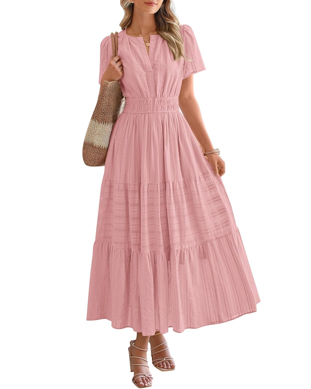 BTFBM Womens Summer 2026 Casual Midi Maxi Dresses Lightweight Short Sleeve V Neck Elastic Waist Boho Beach Dress Pockets