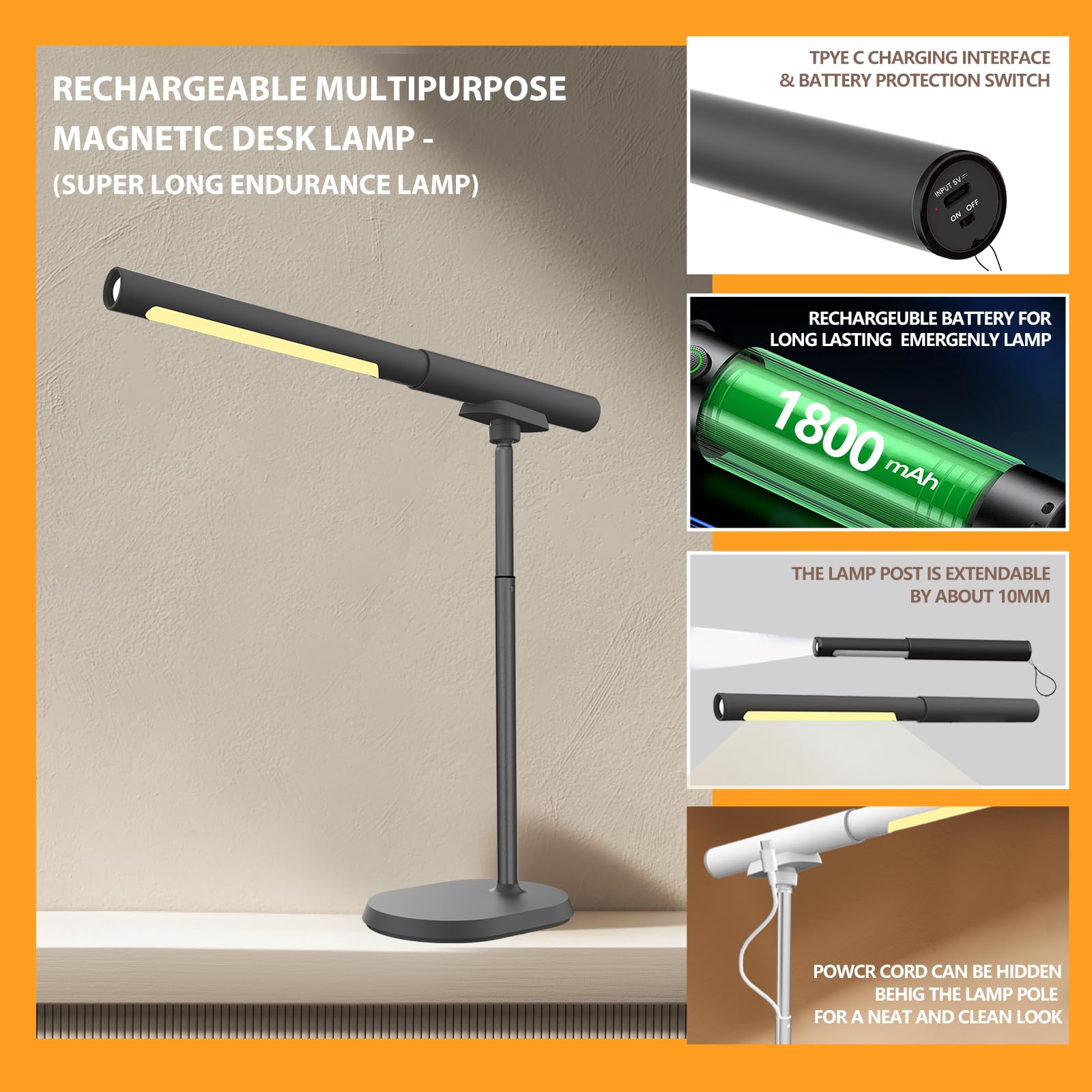 Lampada da tavolo a LED con porte USB. Luce notturna regolabile a 3 colori per lettura, banco da lavoro. Lampada da tavolo magnetica multifunzione rimovibile 4 in 1 con modalità SOS per campeggio