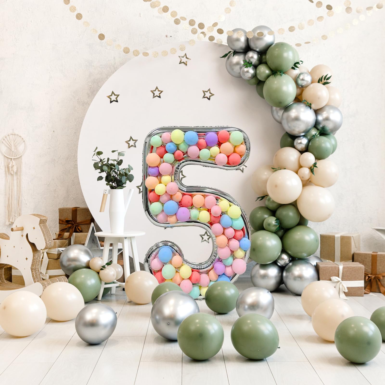 Photo 1 of 5FT Number Balloons Frame Set, Mosaic Numbers for Balloons, Marquee Numbers with 100Pcs Macaron Balloons for Baby Shower Birthday Party Decor (5)