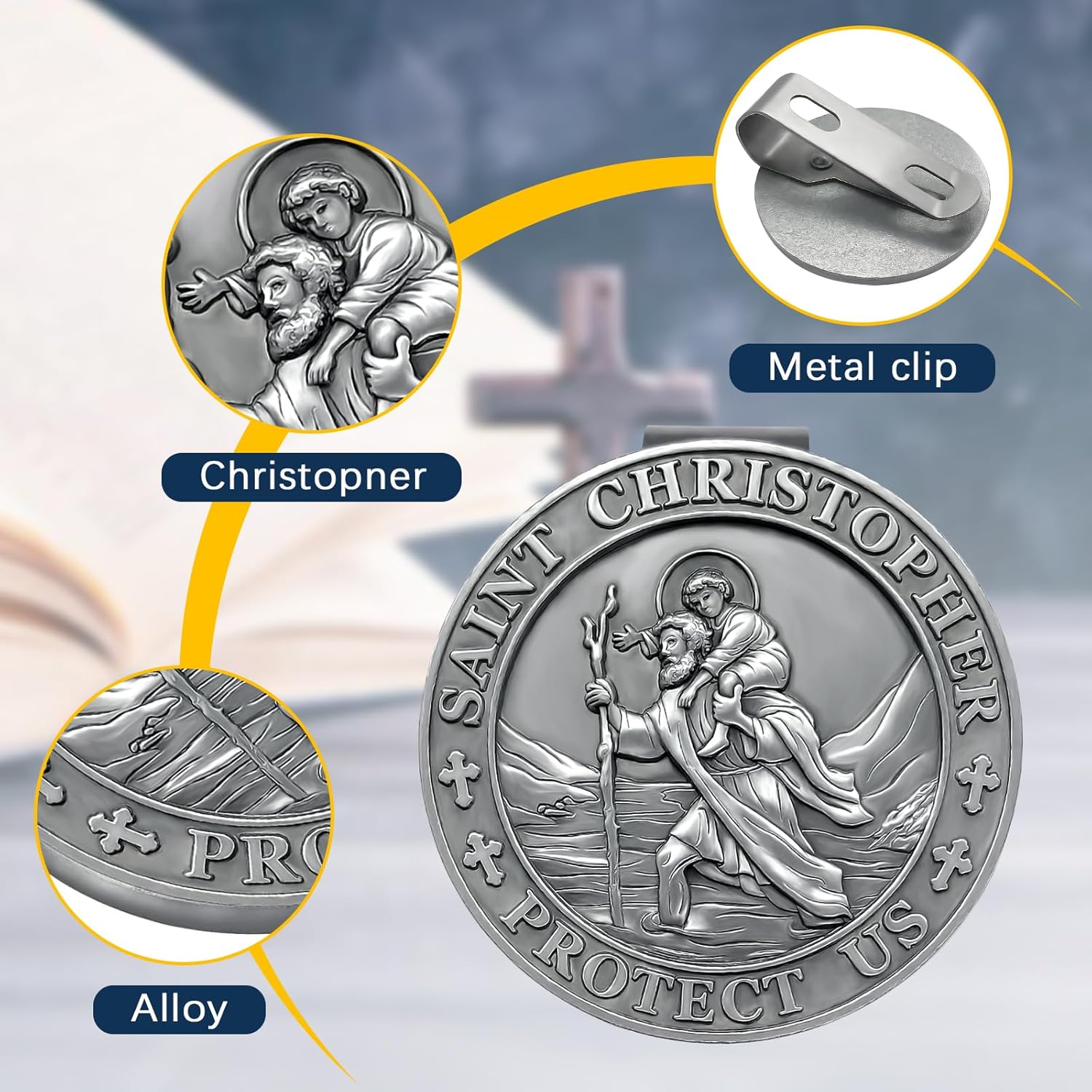 Saint Christopher Medal for Car, Visor Clips for Cars, St Christopher Medal for Car Visor, Gift for Drivers, Car Travel Accessories for Long Trips Families, Friends (Style1, 2 Pack) - Image 4