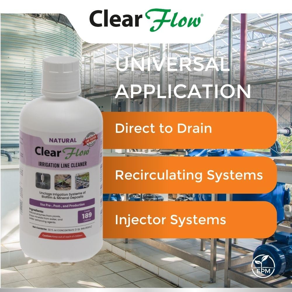 Nettoyant pour ligne d'irrigation Clear Flow – Débouche le biofilm et les dépôts minéraux | pour racines de plantes, supports de culture, idéal pour la culture hydroponique, l'aquaponie, les