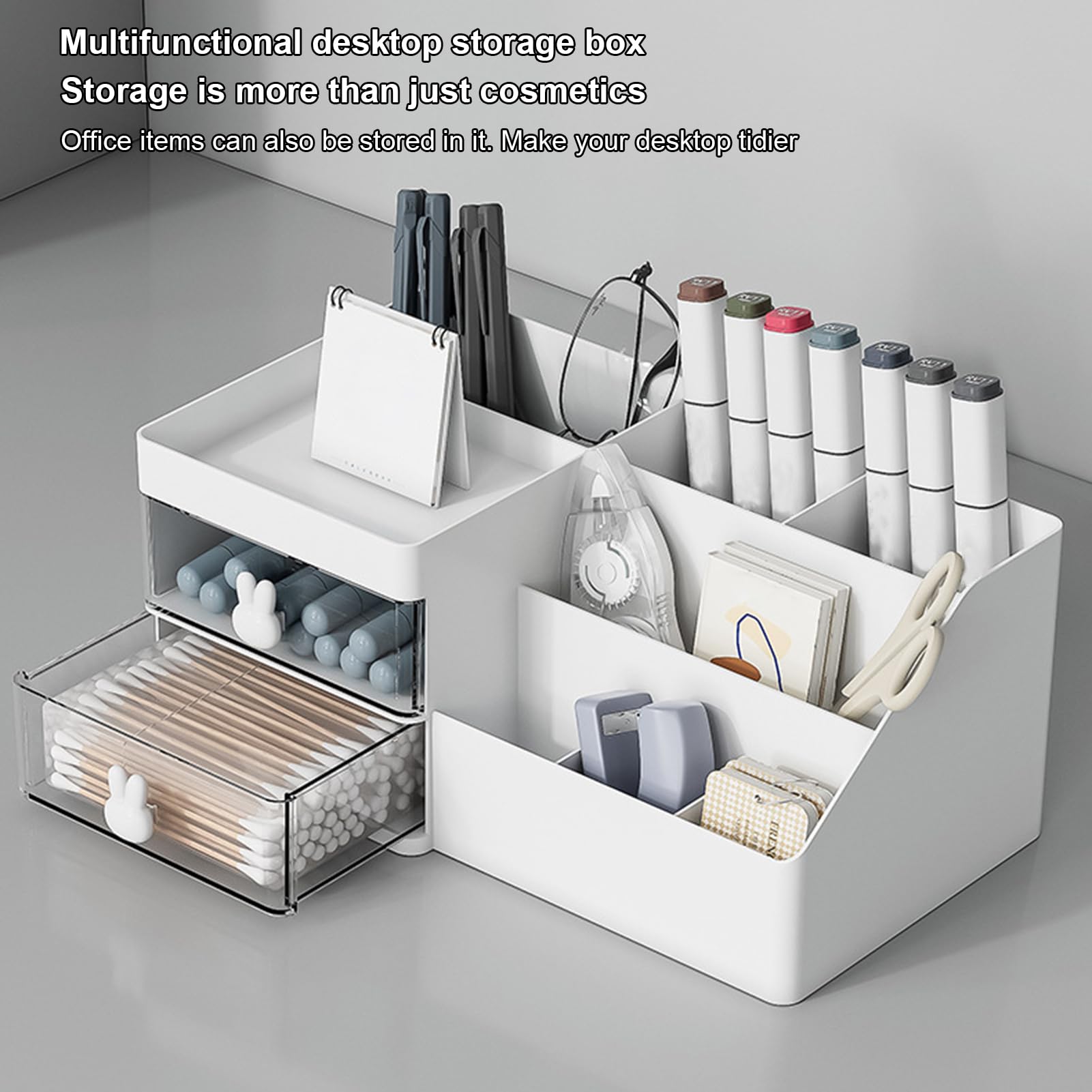 Generico Stationary Organizer - Makeup Organizer Drawers, Multiple Compartment Desktop, Rabbit Handle Double Layer Drawer Box, Desk Stationery Storage Box For Pencil Pen | Office Supply Organizers