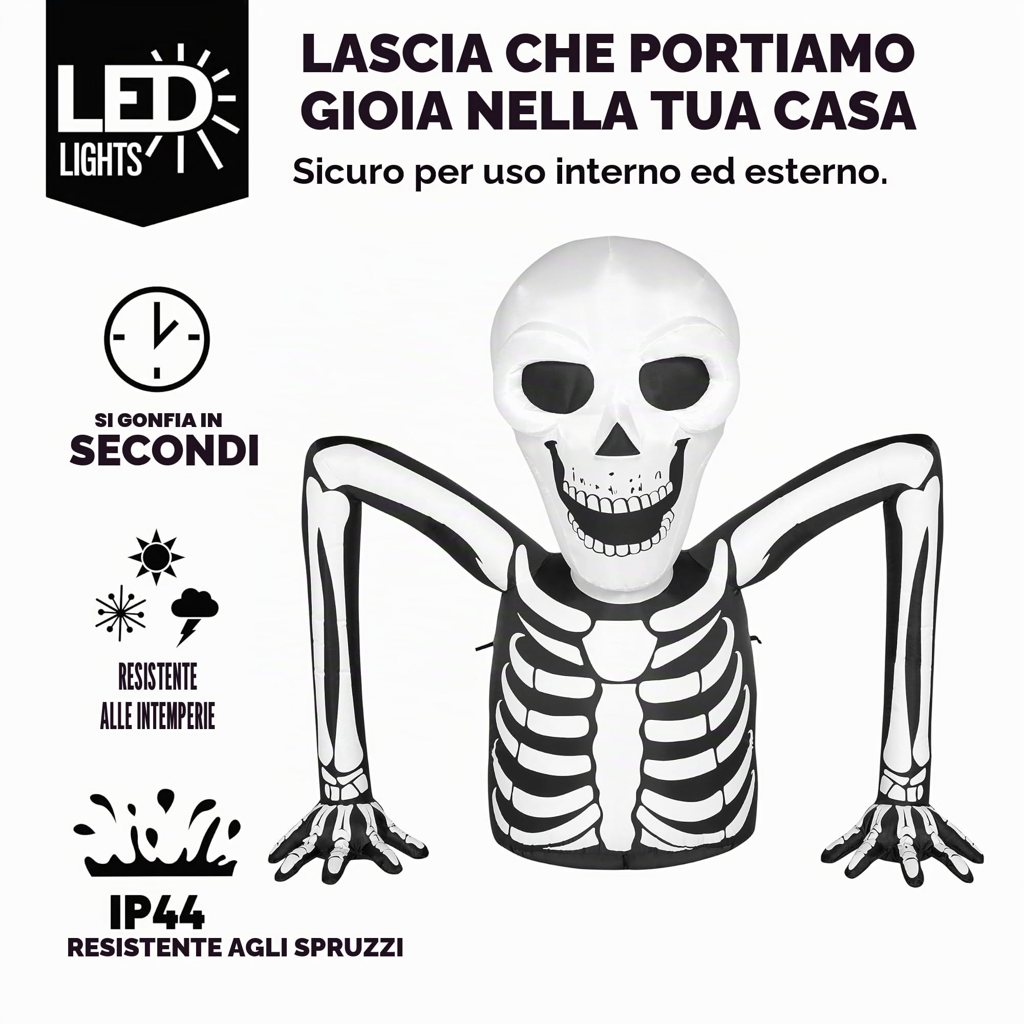 JOIEDOMI 5,5 FT Lungo Halloween Scheletro Gonfiabile Interruttore a Terra con LED Incorporati Esplodono per Halloween Interno Esterno Cortile Giardino Prato Decorazione Festa