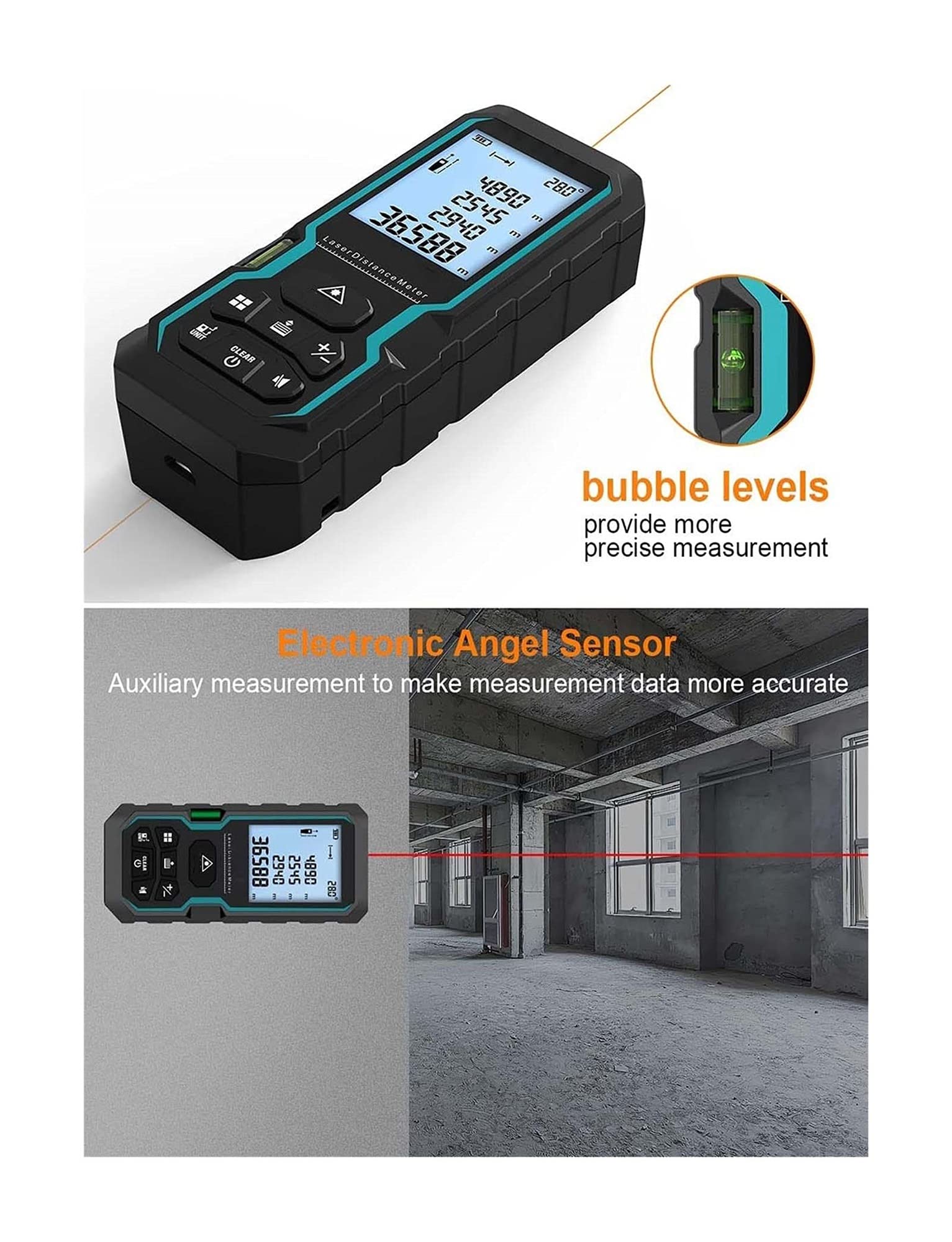 Compteur de distance sensible à la lumière 100m Mesurer la lumière étanche avec capteur d'angle électronique Mesure portable avec niveau de bulle avec écran LCD 4 lignes pour la zone de mesure Volume