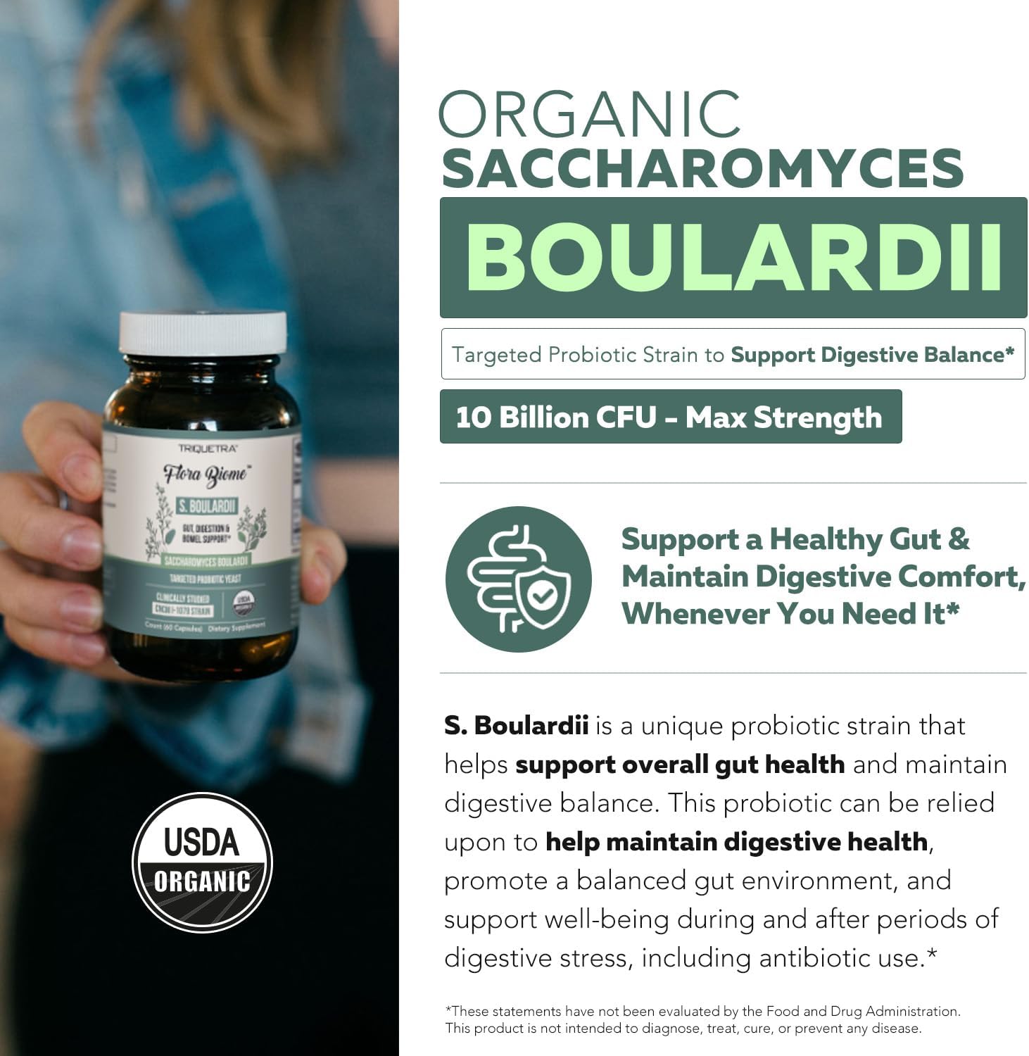 Organic Saccharomyces Boulardii - 10 Billion CFU - Clinically Validated CNCM I-1079 Probiotic Strain - Gut, Digestion & Healthy Bowel Support - First Organic Form of S. Boulardii Probiotic - 60 Count - Image 2