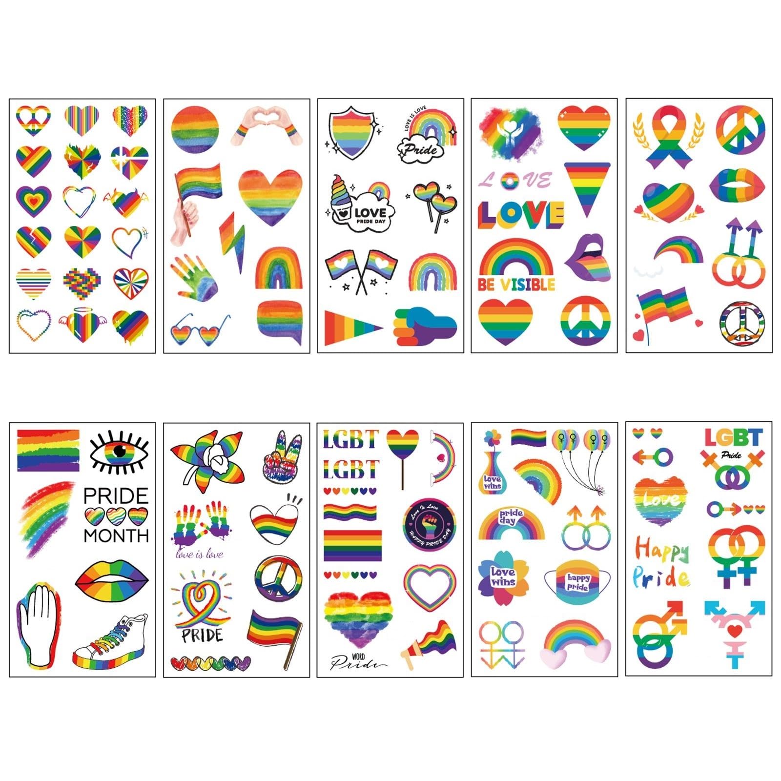 Regenbogen-Herz Tattoos – 10 Blätter, Temporär, Wasserfest, Für LGBTQ+ Pride & Feste