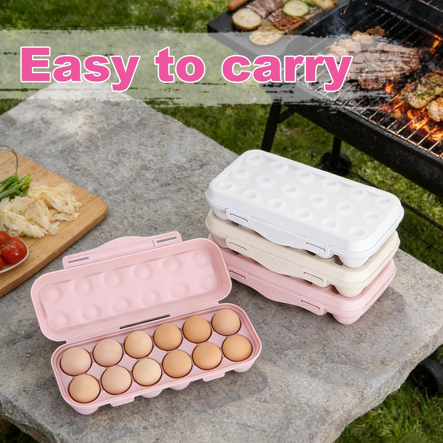 PhantomSky Large Capacity Outdoor Egg Holder, Plastic Egg Fresh Carrier Egg Storage Container Organizer Box for Fridge, Stackable Egg Holder for Refrigerator Picnic Hiking Travel, 12 Eggs Tray Pink