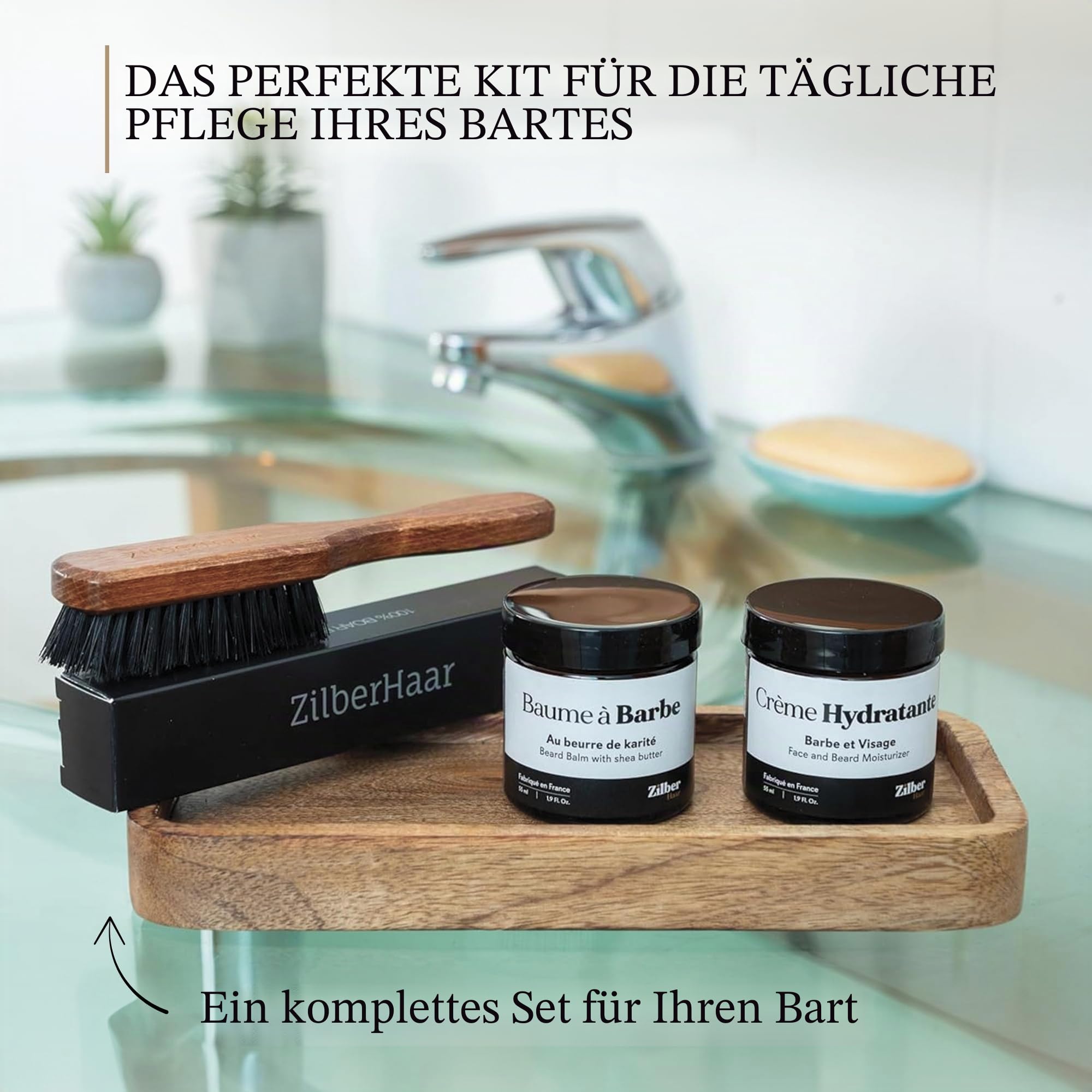ZilberHaar - Bartpflege-Set für Männer - 1 Bartbürste Regular + 1 Bartbalsam + 1 Feuchtigkeitscreme - Harte Wildschweinborsten - Samtbeutel