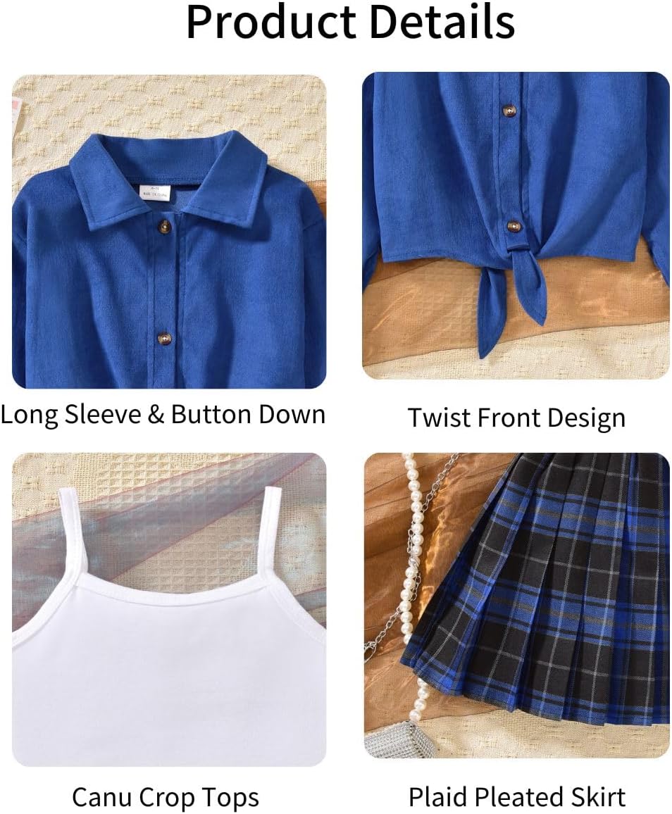 HIHA Girls 3 Piece Skirt Set Cami Crop Tops Pleated Skirt with Button Shirts Size 6-12
