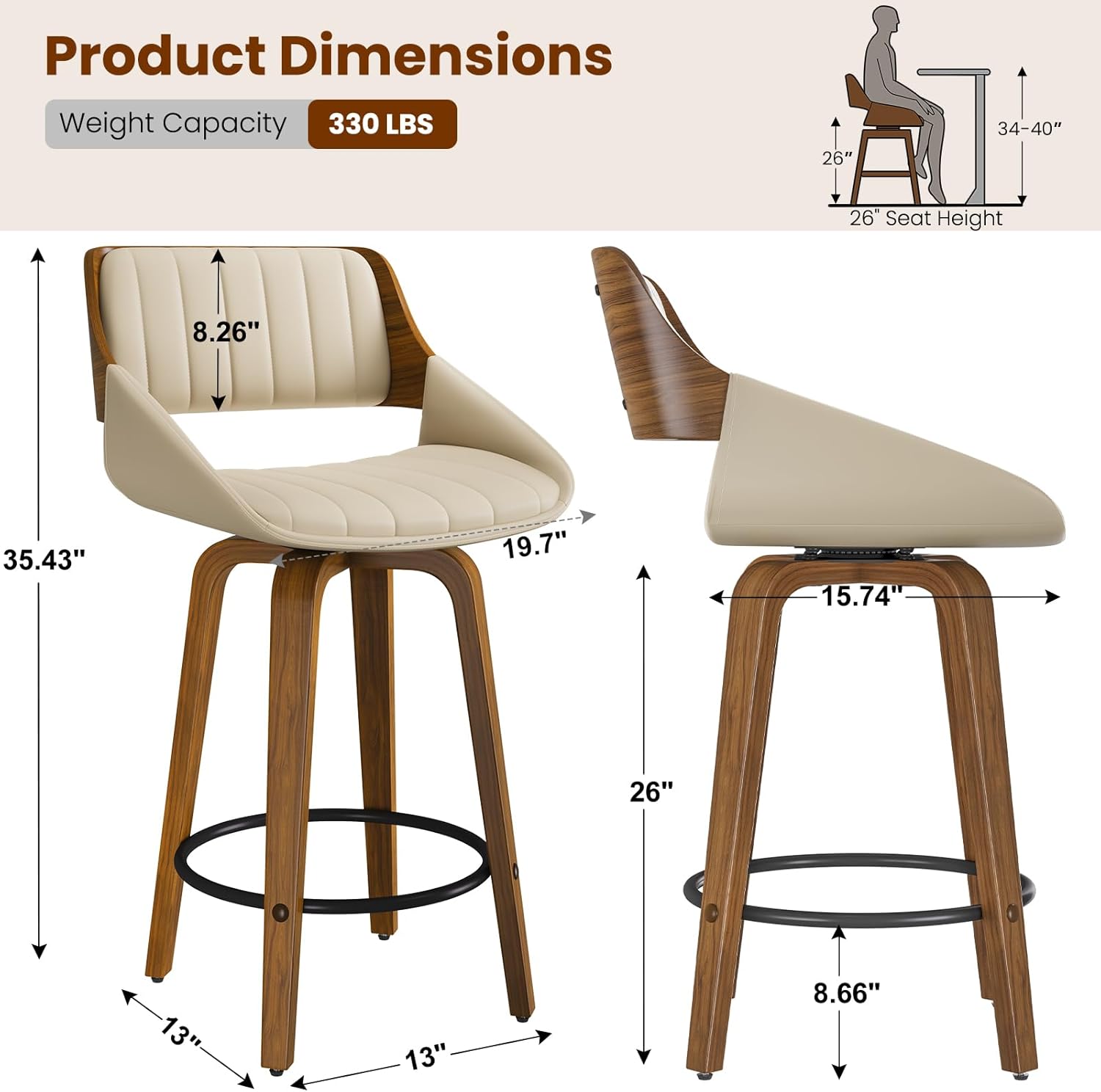 Bar Stools Set of 2, 26" Swivel Counter Height Barstools with Walnut Bentwood Back and Legs, Mid-Century Modern Faux Leather Upholstered Cream Bar Chairs for Kitchen Island, Café, Dining Room, Beige