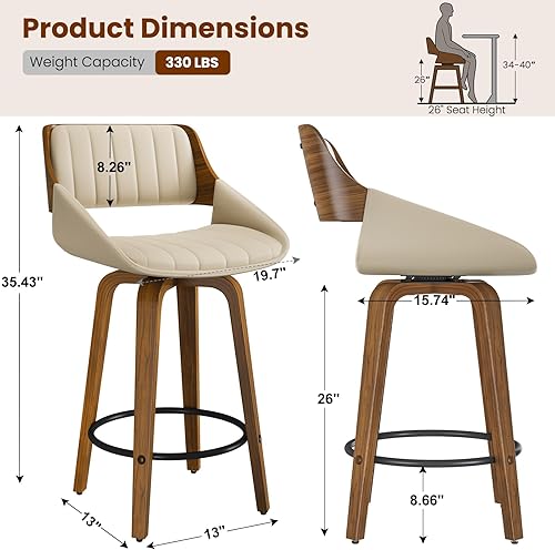 Miniatura 2 de Juego de 2 taburetes de bar, taburetes de bar giratorios de 26 pulgadas con respaldo y patas de madera curvada de nogal, modernas sillas de bar