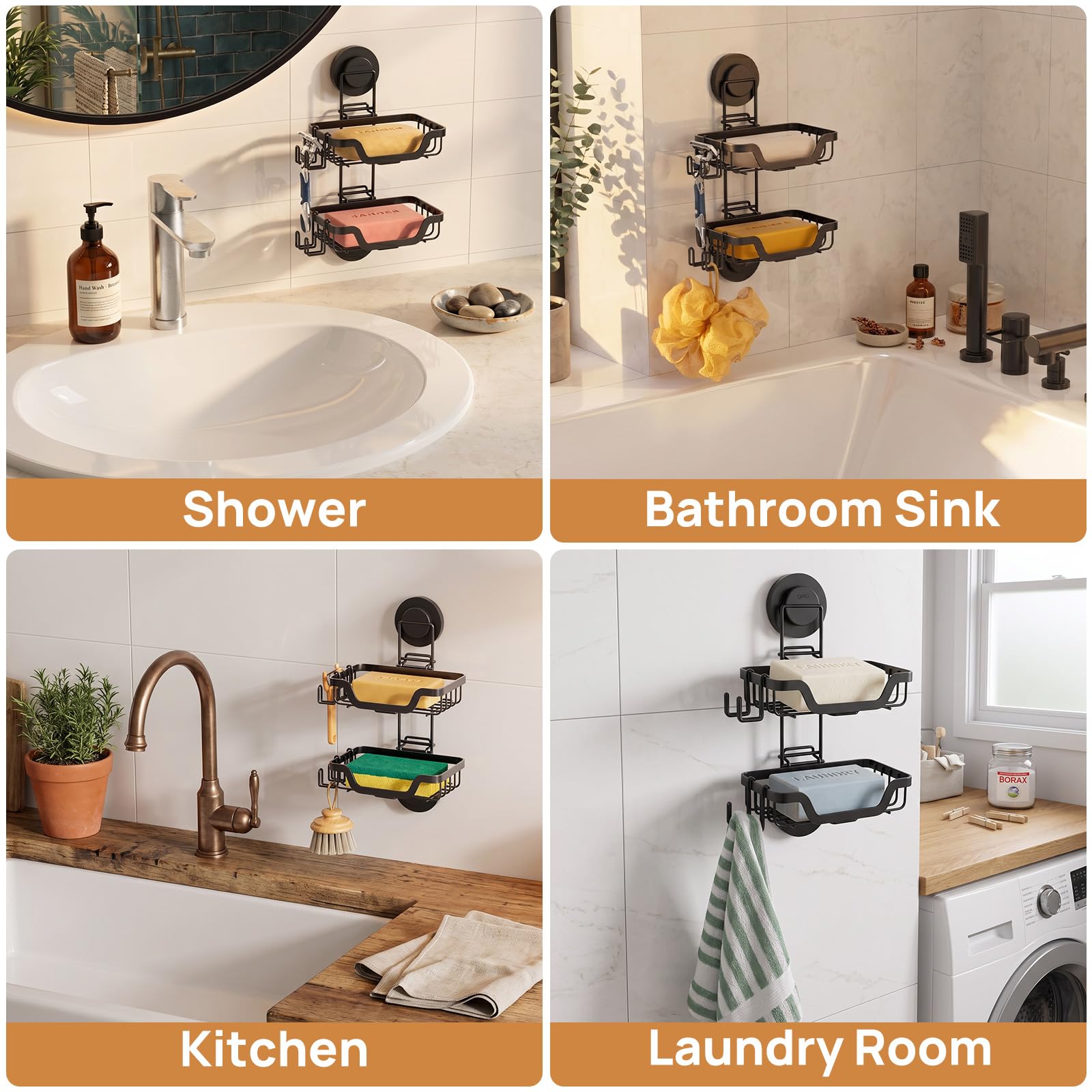 LEVERLOC Soporte de jabón de ducha con ventosa montado en la pared, jabonera de doble capa para ducha, baño, bañera y fregadero de cocina, soporte extraíble a prueba de óxido, color negro