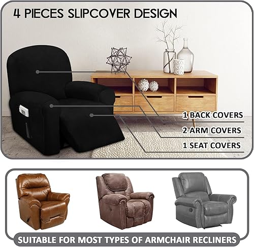 Miniatura 2 de ULTICOR Funda reclinable de terciopelo para sofá reclinable de 4 piezas, 1 asiento, fundas elásticas de terciopelo para sofá reclinable de 1 cojín,