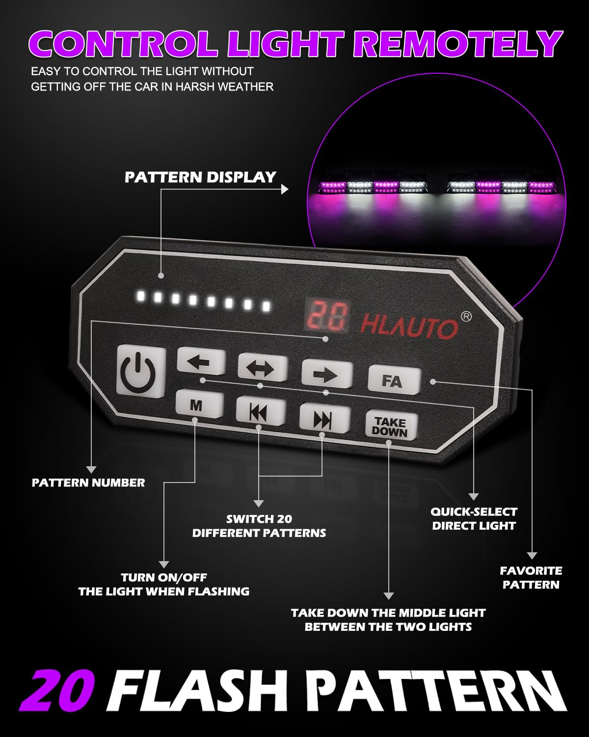HLauto 604N - Luces estroboscópicas de emergencia para salpicadero con driver: 2 x 16.8 pulgadas, luz de seguridad blanca morada con despegar, 48 LED de seguridad intermitente, peligro, barra de luz